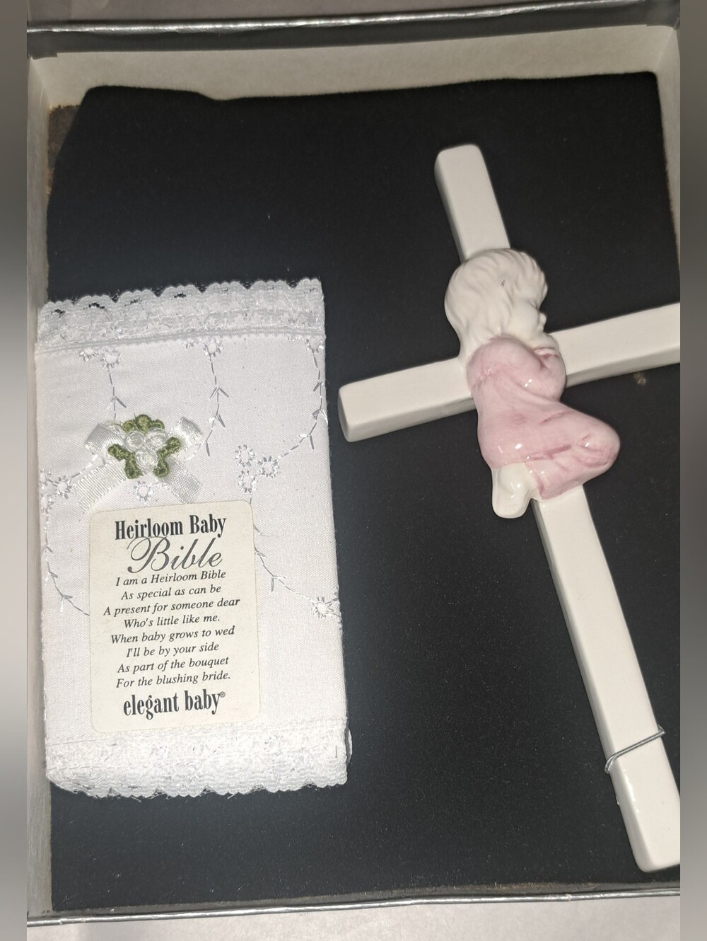 Elegant Baby Gift Set Porcelain Cross  & BIBLE Wrapped Iolette Lace Wedding Baby